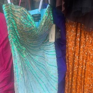 Terani Couture Green and Gold Sequin Strapless Bodycon Dress